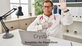  Presentation with hand palm - PPT theme enhanced with senior-doctor-man-working background and a light gray colored foreground