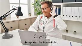  Presentation with ear - Presentation theme consisting of senior-doctor-man-working background and a light gray colored foreground