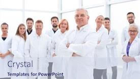  Presentation with staff - Amazing presentation theme having senior-doctor-standing-in-front backdrop and a sky blue colored foreground