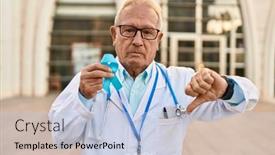  Presentation with blue ribbon - Presentation featuring senior-doctor-with-grey-hair background and a  colored foreground