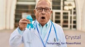  Presentation with blue ribbon - PPT theme enhanced with senior-doctor-with-grey-hair background and a light blue colored foreground