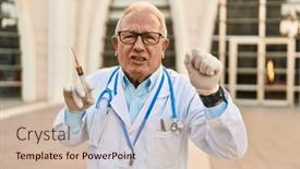  Presentation with syringe - Presentation theme enhanced with senior-doctor-with-grey-hair background and a soft green colored foreground