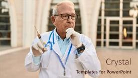  Presentation with syringe - Slide set enhanced with senior-doctor-with-grey-hair background and a soft green colored foreground