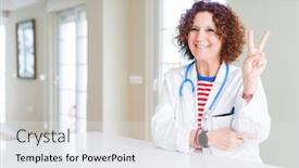  Presentation with medical sign - Beautiful slides featuring senior doctor woman wearing medical robe at the clinic smiling with happy face winking at the camera doing victory sign number two backdrop and a white colored foreground