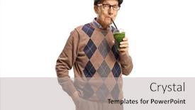  Presentation with grren - Amazing PPT theme having senior-drinking-a-healthy-grren backdrop and a light gray colored foreground