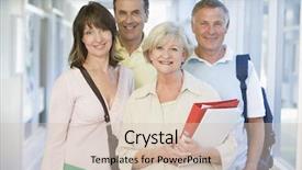  Presentation with backpacks - Colorful PPT theme enhanced with senior education - group of adult students backdrop and a soft green colored foreground