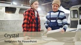  Presentation with paper - PPT theme consisting of senior engineer pointing at paper background and a mint green colored foreground