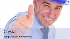  Presentation with background - Beautiful PPT layouts featuring senior engineer showing you the thumbs up ok sign and smiling isolated on white background backdrop and a light blue colored foreground