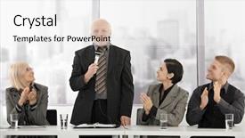  Presentation with standing sitting - Colorful presentation enhanced with senior executive standing giving speech backdrop and a white colored foreground