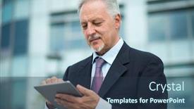  Presentation with front office - Beautiful presentation theme featuring senior executive using his tablet in front of his office backdrop and a tawny brown colored foreground