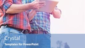  Presentation with digital farm - Slide set consisting of senior farmer showing digital tablet to mature farmer at farm background and a teal colored foreground