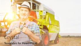  Presentation with flare - Theme with senior farmer standing against combine harvester in field with yellow lens flare in background background and a coral colored foreground