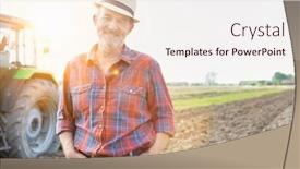  Presentation with tractor - Beautiful PPT theme featuring senior farmer standing against tractor with hands on pocket backdrop and a sky blue colored foreground