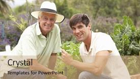 Presentation with vegetable garden - Slide set having senior father and adult son working in vegetable garden background and a coral colored foreground