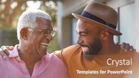  Presentation with home garden - Cool new PPT theme with senior-father-talking-and-laughing backdrop and a red colored foreground