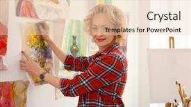  Presentation with artist - Colorful presentation theme enhanced with senior female artist hanging picture backdrop and a lemonade colored foreground