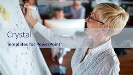  Presentation with female - PPT theme enhanced with senior-female-boss-draws background and a sky blue colored foreground