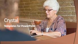  Presentation with customer solutions - Presentation design enhanced with two young women and man in sunglasses taking selfie in the park during sunny day background and a gray colored foreground