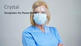  Presentation with shield - Cool new slides with senior-female-doctor-posing backdrop and a light gray colored foreground