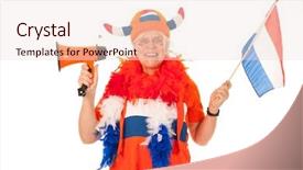  Presentation with female soccer - Cool new presentation theme with senior female dutch soccer supporter isolated over white background backdrop and a lemonade colored foreground