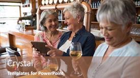  Presentation with using digital tablet - PPT theme consisting of senior-female-friends-using-digital background and a coral colored foreground