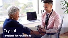  Presentation with doctor office - Amazing slide deck having senior female patients blood pressure backdrop and a navy blue colored foreground