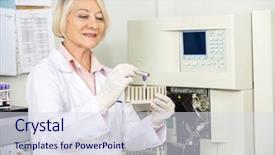  Presentation with blood coagulation - Slide set with senior female scientist analyzing blood background and a sky blue colored foreground