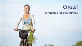  Presentation with cycling - Colorful presentation theme enhanced with senior fitness - old smiling woman cycling backdrop and a sky blue colored foreground