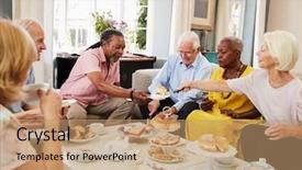  Presentation with afternoon tea - Slide deck featuring senior friends enjoying afternoon tea background and a coral colored foreground