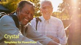  Presentation with share friends - Audience pleasing PPT layouts consisting of senior friends hiking in countryside backdrop and a tawny brown colored foreground