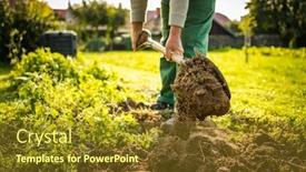  Presentation with end - Cool new slide deck with senior gardener gardening in his permaculture garden - preparing the ground for winter at the end of summer backdrop and a tawny brown colored foreground