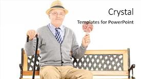  Presentation with lollipop - Audience pleasing theme consisting of senior gentleman sitting on a wooden bench and holding a colorful lollipop isolated on white background backdrop and a white colored foreground