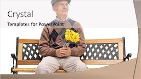  Presentation with waiting - Slides having senior gentleman waiting for his date seated on a bench and holding a bunch of flowers isolated on white background background and a white colored foreground