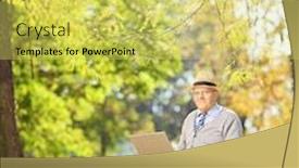  Presentation with lens - Amazing PPT theme having senior gentleman working on laptop seated on bench in park looking at camera shot with a tilt and shift lens backdrop and a yellow colored foreground