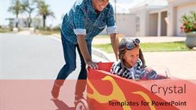  Presentation with old car - Amazing PPT theme having senior-grandfather-helping-grandson-ride backdrop and a red colored foreground