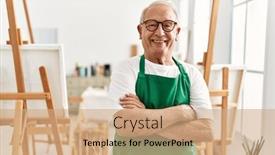  Presentation with art - Presentation theme featuring senior-grey-haired-artist-man background and a coral colored foreground