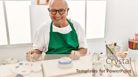  Presentation with pottery - PPT theme having senior-grey-haired-artist-man background and a lemonade colored foreground