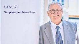  Presentation with wall street - Slide deck consisting of senior-grey-haired-businessman-smiling background and a sky blue colored foreground