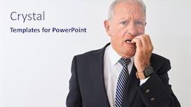  Presentation with anxiety - Slide deck enhanced with senior grey-haired businessman wearing suit standing over isolated white background looking stressed and nervous with hands on mouth biting nails anxiety problem background and a sky blue colored foreground