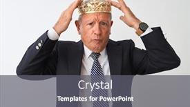  Presentation with king crown - Presentation theme featuring senior grey-haired businessman wearing crown king over isolated white background suffering from headache desperate and stressed because pain and migraine hands on head background and a gray colored foreground