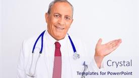  Presentation with hand palm - Colorful slide deck enhanced with senior-grey-haired-doctor-man backdrop and a sky blue colored foreground