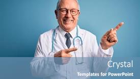  Presentation with medical smiling doctor - Beautiful PPT theme featuring senior-grey-haired-doctor-man backdrop and a teal colored foreground