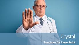  Presentation with medical hand - Slide set with senior-grey-haired-doctor-man background and a teal colored foreground
