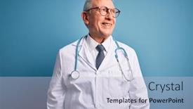  Presentation with medical smiling doctor - PPT theme having senior-grey-haired-doctor-man background and a light blue colored foreground