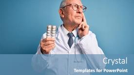  Presentation with pharmaceutical - Audience pleasing slide set consisting of senior-grey-haired-doctor-man backdrop and a teal colored foreground