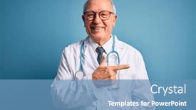  Presentation with medical hand - Presentation design consisting of senior-grey-haired-doctor-man background and a teal colored foreground