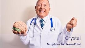  Presentation with brain memory - PPT theme enhanced with senior-grey-haired-doctor-man background and a sky blue colored foreground