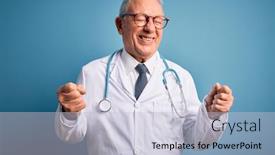  Presentation with medical smiling doctor - Audience pleasing presentation design consisting of senior-grey-haired-doctor-man backdrop and a  colored foreground