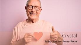  Presentation with shape - Cool new slide deck with senior-grey-haired-man-holding backdrop and a coral colored foreground
