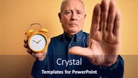 Presentation with vintage clock - Beautiful presentation design featuring senior-grey-haired-man-holding backdrop and a navy blue colored foreground